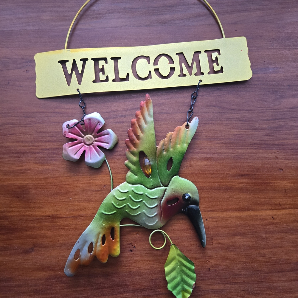 Colorful Metal Hummingbird Welcome Sign